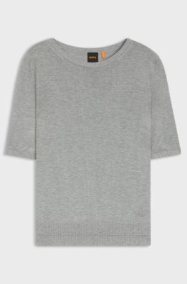 Kurzarm-Strickpullover mit Lochmuster, Hellgrau