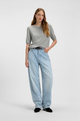 Short-sleeved knit sweater with openwork stitching, Light Grey