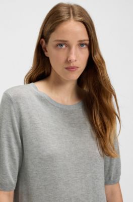 Short-sleeved knit sweater with openwork stitching, Light Grey