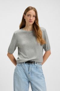 Pull en maille à manches courtes et surpiqûres ajourées, Gris chiné