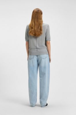 Short-sleeved knit sweater with openwork stitching, Light Grey