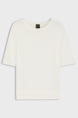 Short-sleeved knit sweater with openwork stitching, Natural