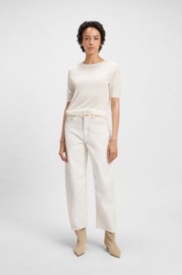 Short-sleeved knit sweater with openwork stitching, Natural