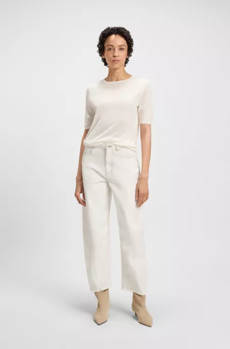 Short-sleeved knit sweater with openwork stitching