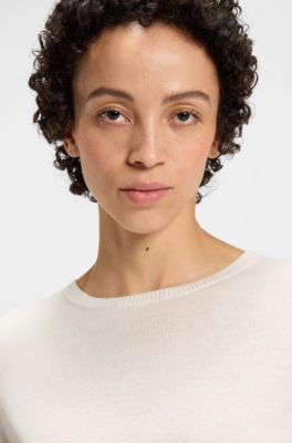 Short-sleeved knit sweater with openwork stitching, Natural