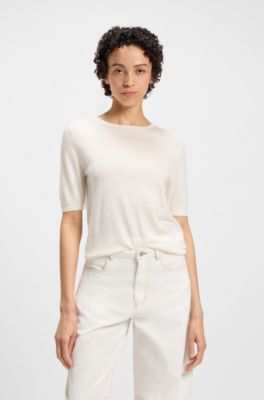 Short-sleeved knit sweater with openwork stitching, White