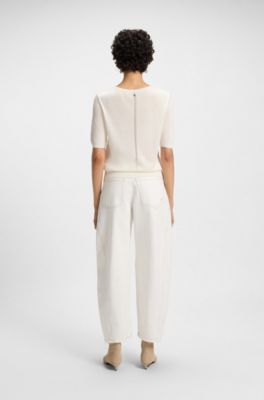 Short-sleeved knit sweater with openwork stitching, White