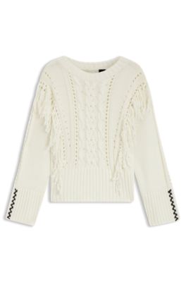 Trui van een katoenmix met kabelstructuur en franjes, Naturel