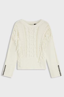 Pull en coton m&eacute;lang&eacute; &agrave; torsades et franges, Naturel