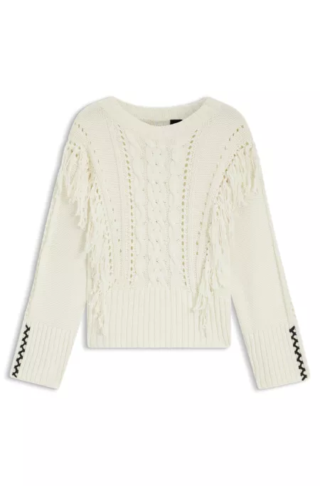 Cotton-blend sweater with cabling and fringing