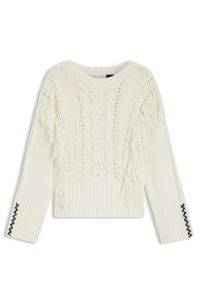 Cotton-blend sweater with cabling and fringing, Natural
