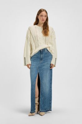 Cotton-blend sweater with cabling and fringing, Natural