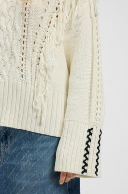 Cotton-blend sweater with cabling and fringing, Natural