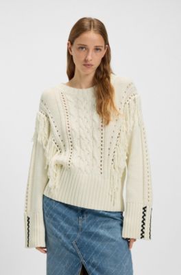 Pull en coton m&eacute;lang&eacute; &agrave; torsades et franges, Naturel