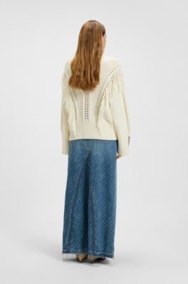 Cotton-blend sweater with cabling and fringing, Natural