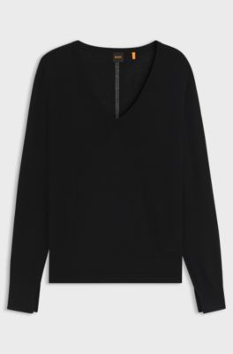 V-neck sweater with openwork stitching, Black