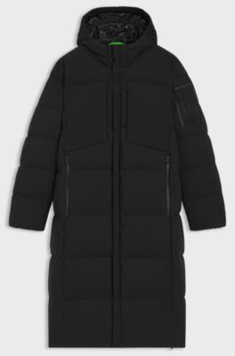 Long-length down jacket in water-repellent stretch fabric, Black