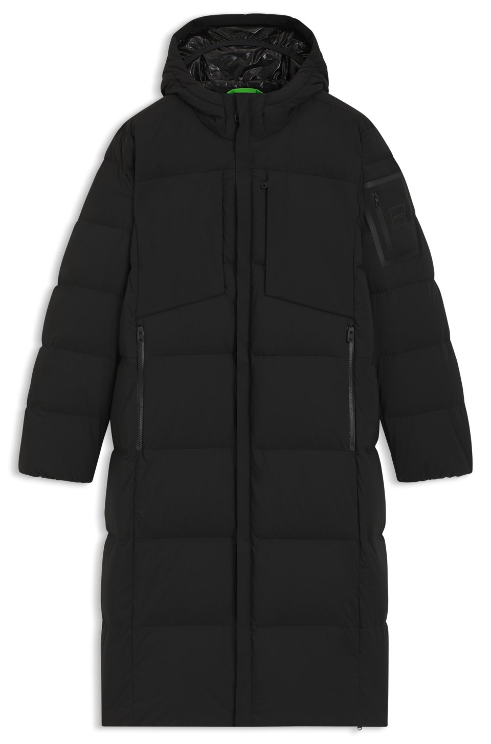 Long-length down jacket in water-repellent stretch fabric
