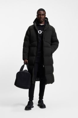 Long-length down jacket in water-repellent stretch fabric, Black
