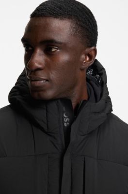 Long-length down jacket in water-repellent stretch fabric, Black