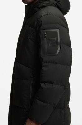 Long-length down jacket in water-repellent stretch fabric, Black