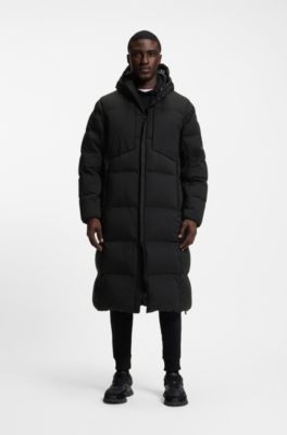 Long-length down jacket in water-repellent stretch fabric, Black