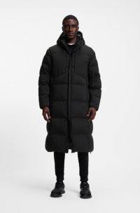 Long-length down jacket in water-repellent stretch fabric, Black