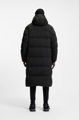 Long-length down jacket in water-repellent stretch fabric, Black