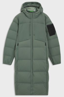 Long-length down jacket in water-repellent stretch fabric, Green