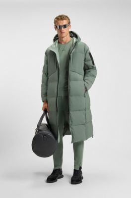 Long-length down jacket in water-repellent stretch fabric, Green