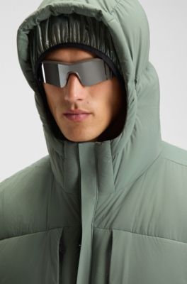 Long-length down jacket in water-repellent stretch fabric, Green