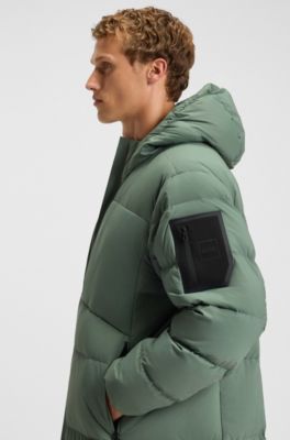 Long-length down jacket in water-repellent stretch fabric, Green