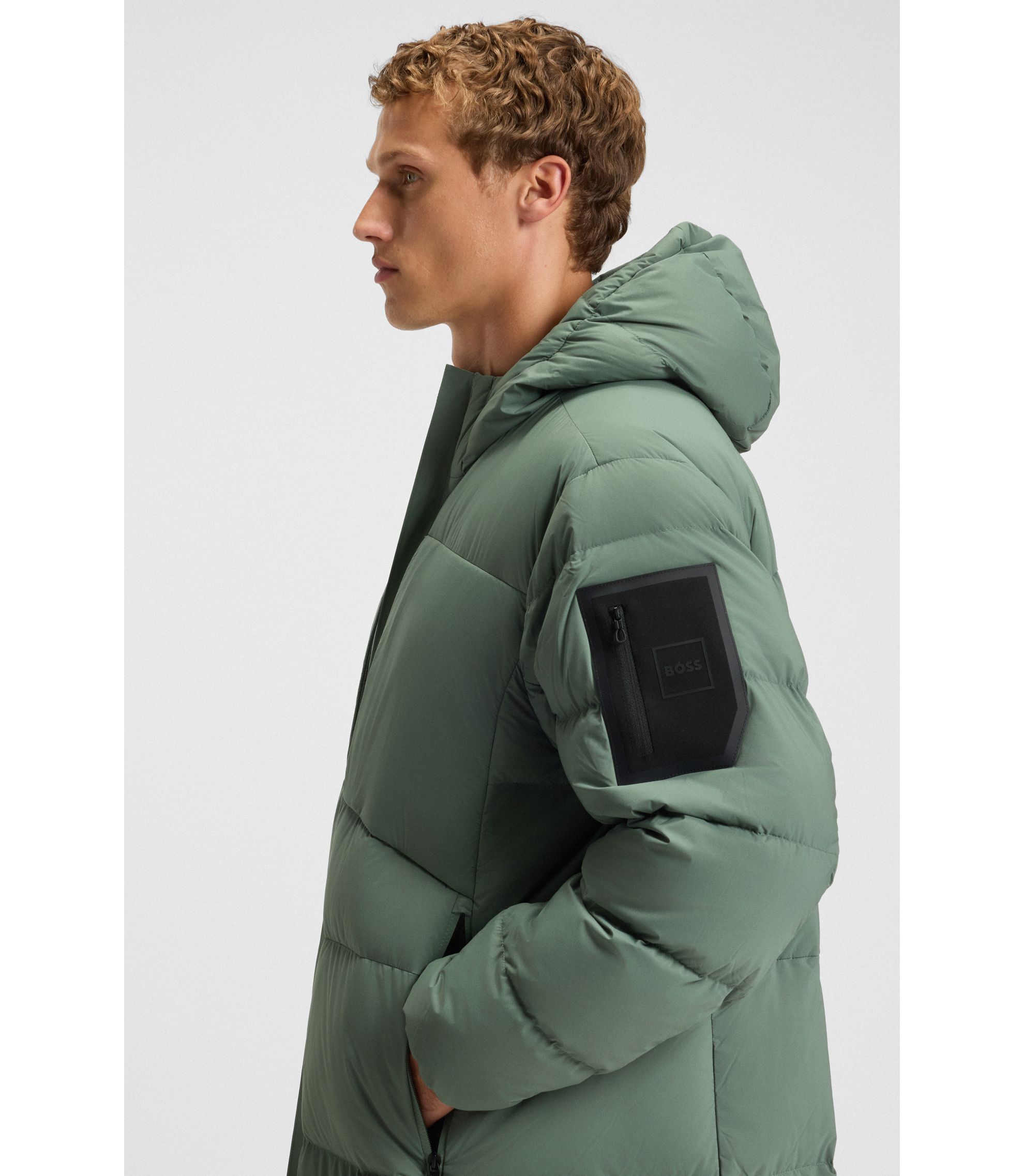 BOSS - Long-length down jacket in water-repellent stretch fabric