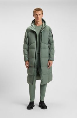 Long-length down jacket in water-repellent stretch fabric, Green