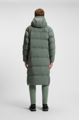 Long-length down jacket in water-repellent stretch fabric, Green