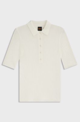 Ribbed knit polo in a virgin-wool blend, Natural