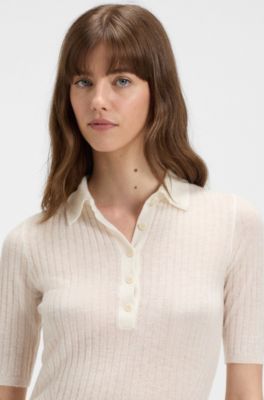 Polo en maille c&ocirc;tel&eacute;e de laine vierge m&eacute;lang&eacute;e, Blanc