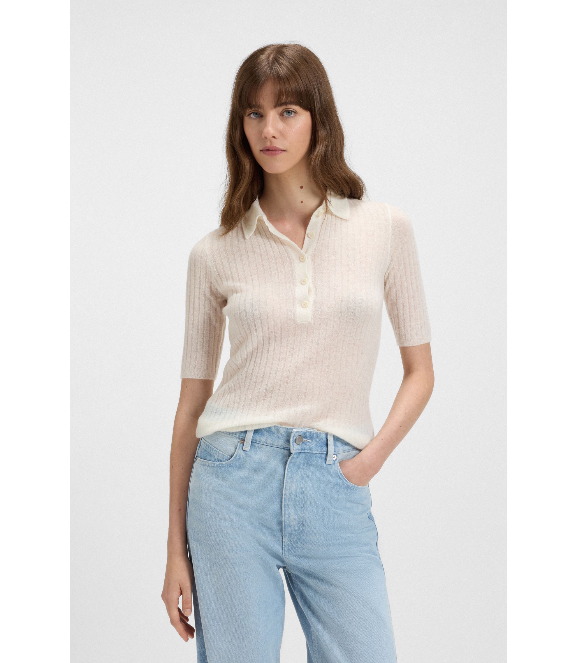 Strick-Poloshirt aus Schurwoll-Mix mit Rippstruktur