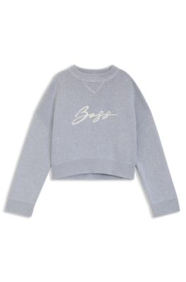 Cropped sweater in cotton with embroidered script logo, Light Grey