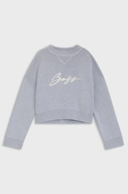 Cropped sweater in cotton with embroidered script logo, Light Grey