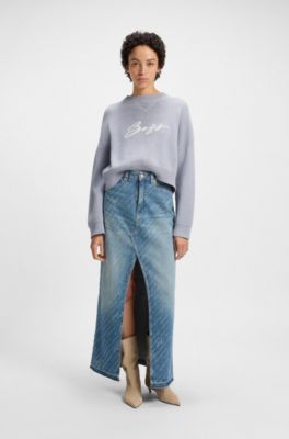 Cropped sweater in cotton with embroidered script logo, Light Grey