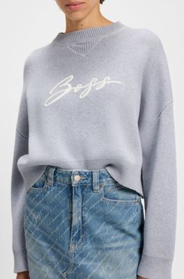 Cropped sweater in cotton with embroidered script logo, Light Grey