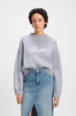 Cropped sweater in cotton with embroidered script logo, Light Grey