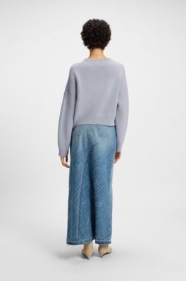 Cropped sweater in cotton with embroidered script logo, Light Grey