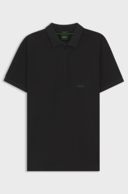 Zip-neck polo shirt in moisture-wicking stretch cotton, Black
