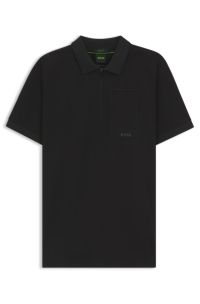 Zip-neck polo shirt in moisture-wicking stretch cotton, Black