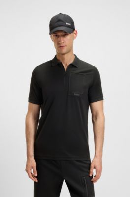 Zip-neck polo shirt in moisture-wicking stretch cotton, Black