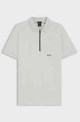 Zip-neck polo shirt in moisture-wicking stretch cotton, Light Grey
