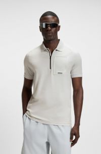 Zip-neck polo shirt in moisture-wicking stretch cotton, Light Grey