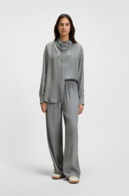 Oversized-fit blouse with logos and fringing, Grey
